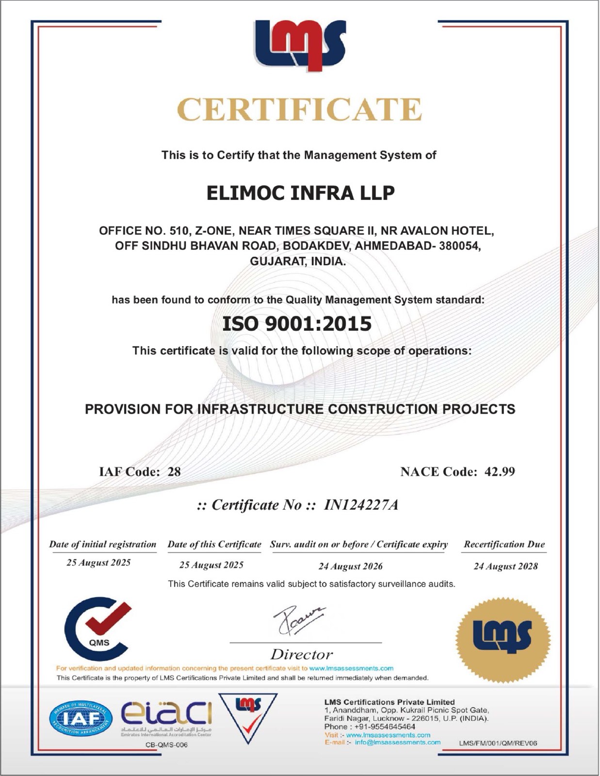 Elimoc Infra LLP's ISO 9001:2015 quality management certificate.